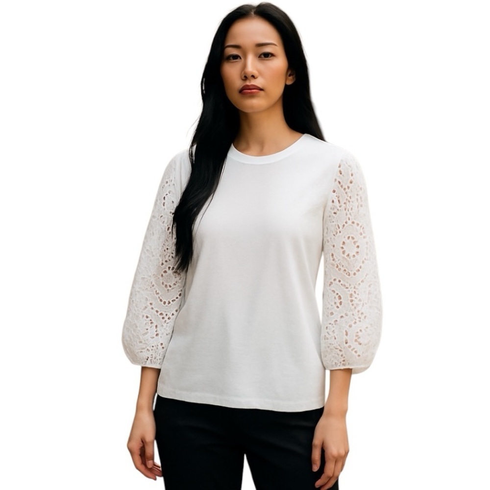 Reitman’s Women’s 3/4 Eyelet Puff Sleeve Crew Neck Top in Marshmallow size XL